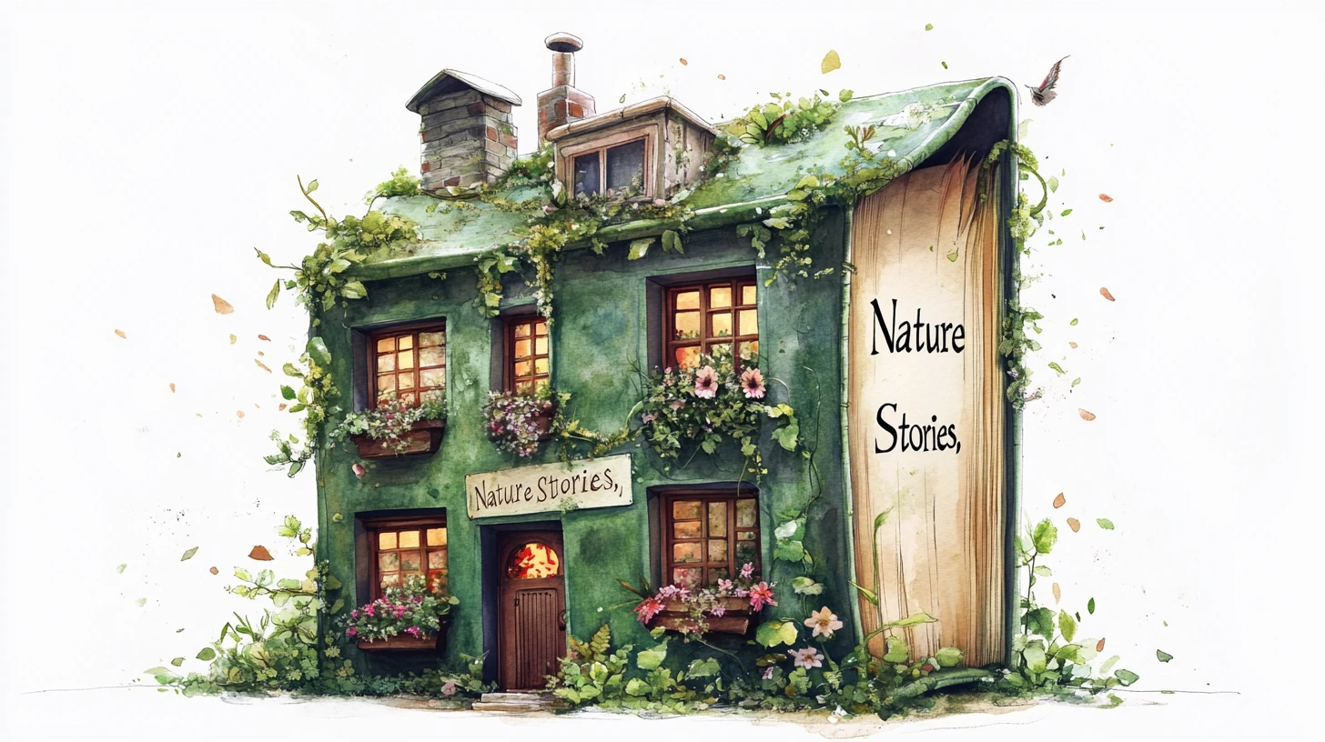Whimsical green book house with flowers and leafy vines