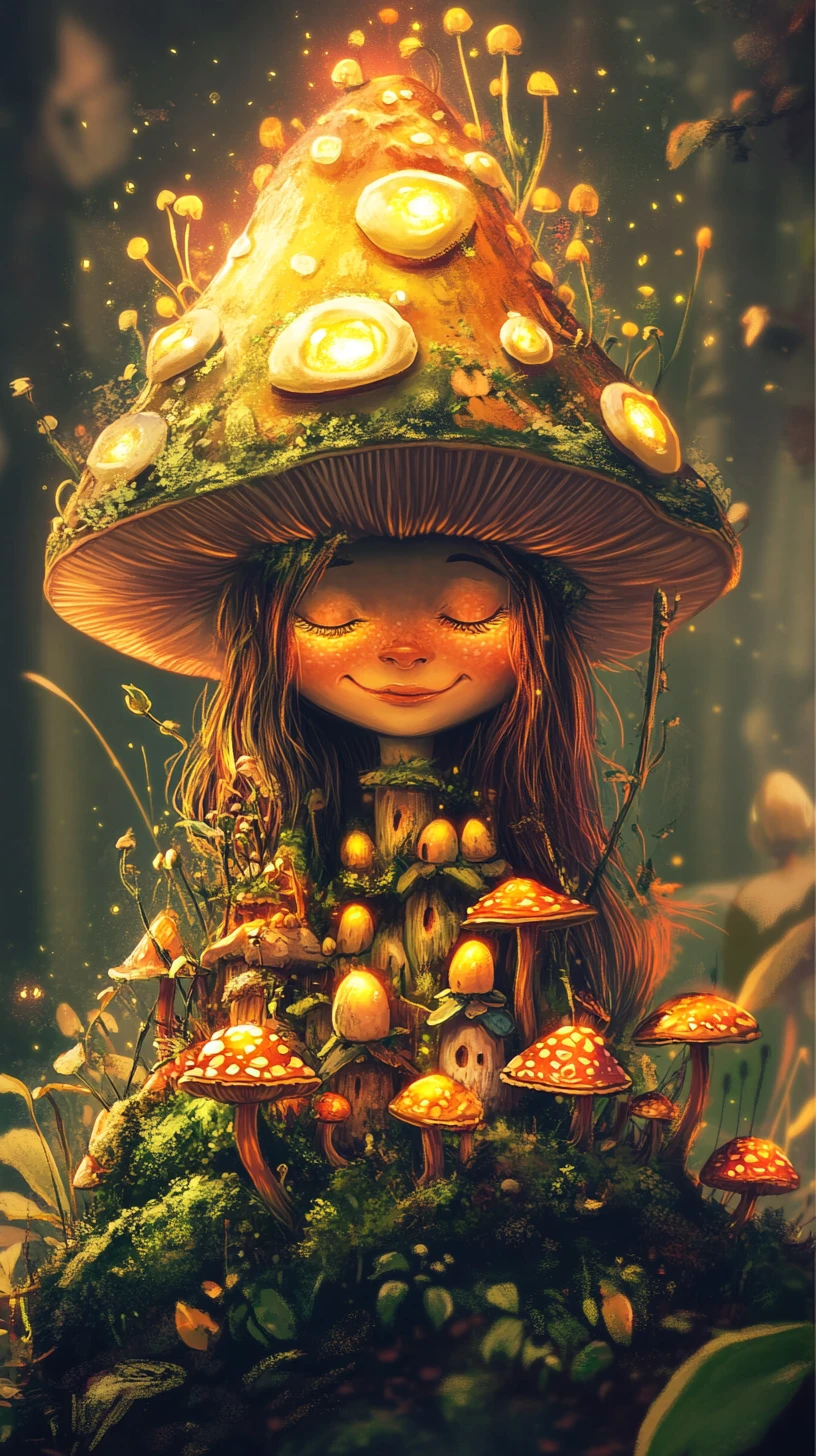 Forest guardian with mushroom village in warm glowing light