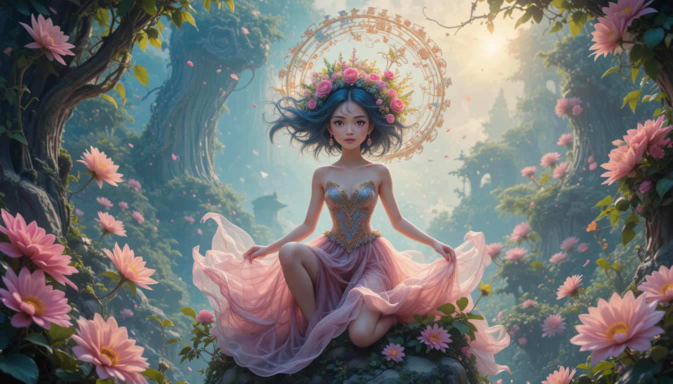 Whimsical pop surreal nature rebirth in vibrant fantasy world