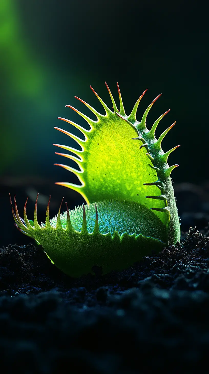 Venus flytrap capturing an insect in glowing fantasy scene