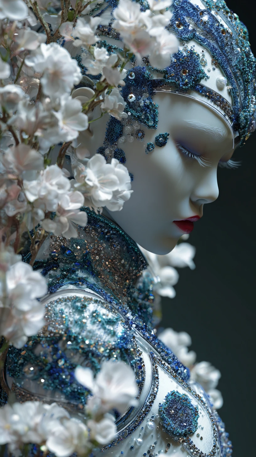 Mujer surreal joyada emergiendo de flores blancas esculturales