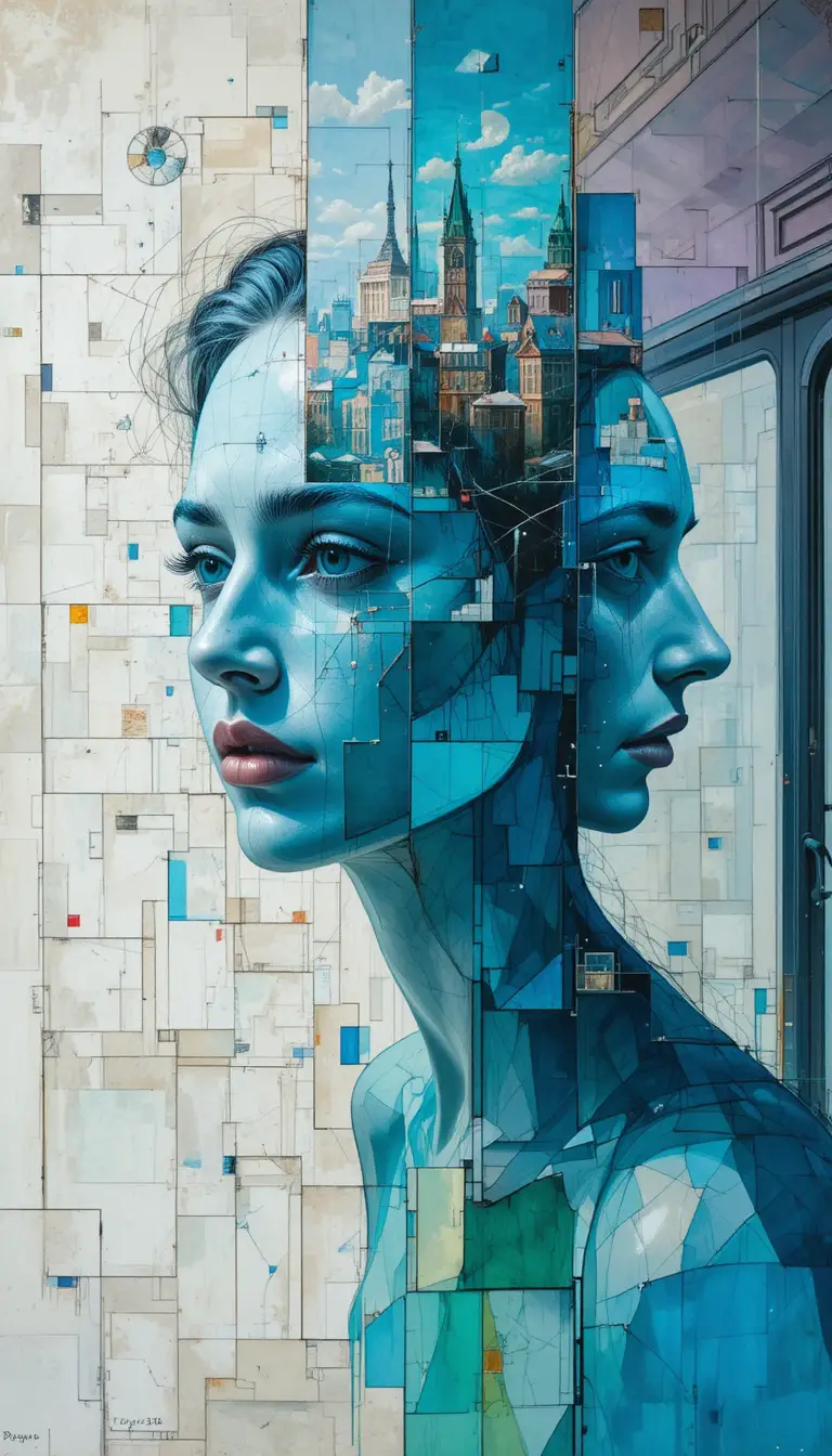 Cubist city street fragmented into overlapping colorful planes