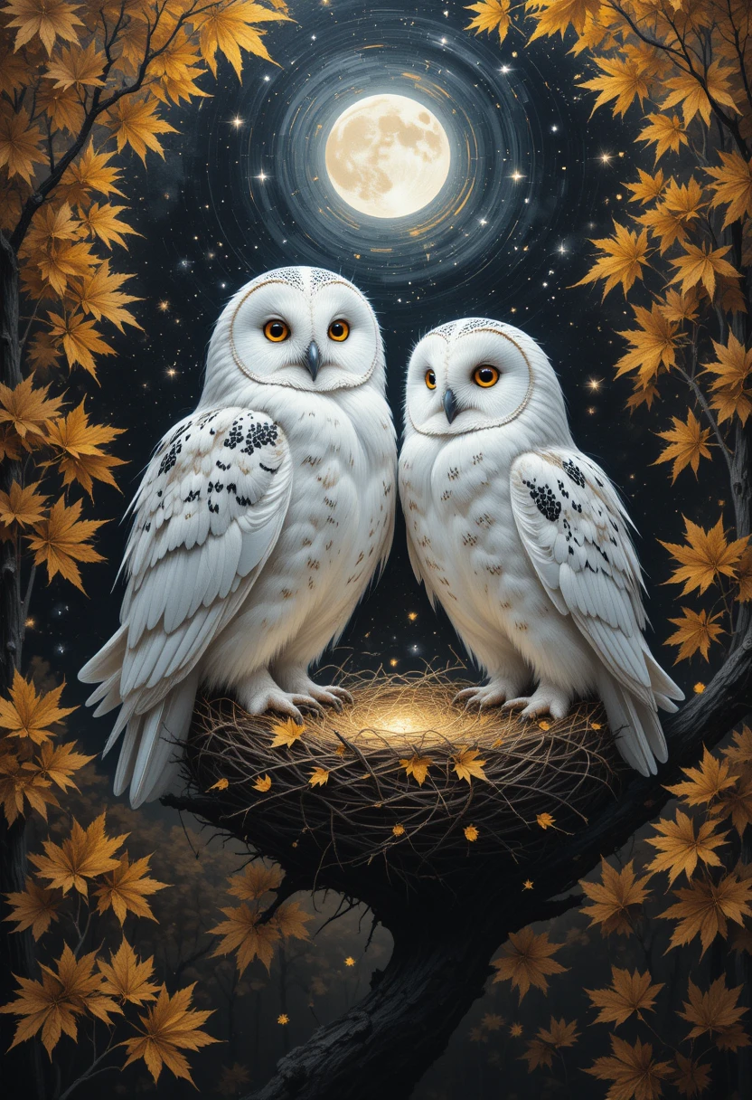 Majestic snowy owls in a glowing celestial forest