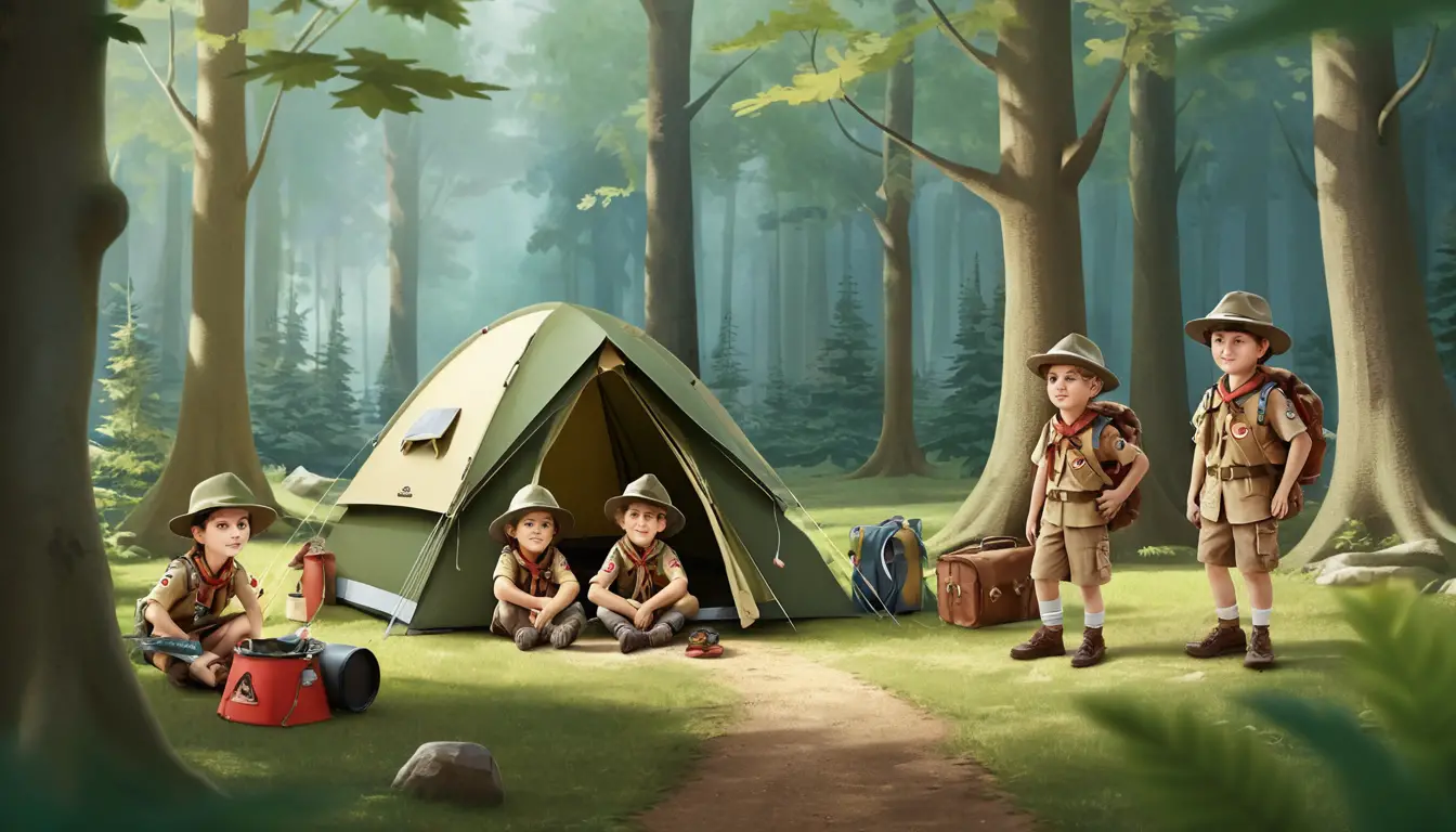 Children camping in a flowery forest beside a small stream