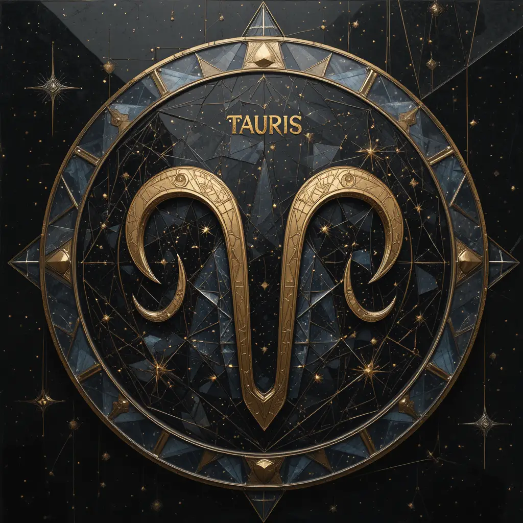 Emblema dorato del Toro su sfondo stellato cubista astratto