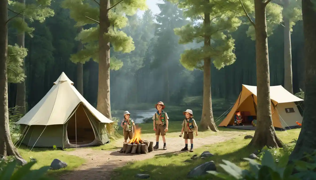 Clay style children camping in a flowery forest by a stream
