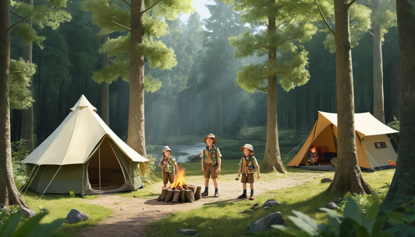 Clay style children camping in a flowery forest by a stream