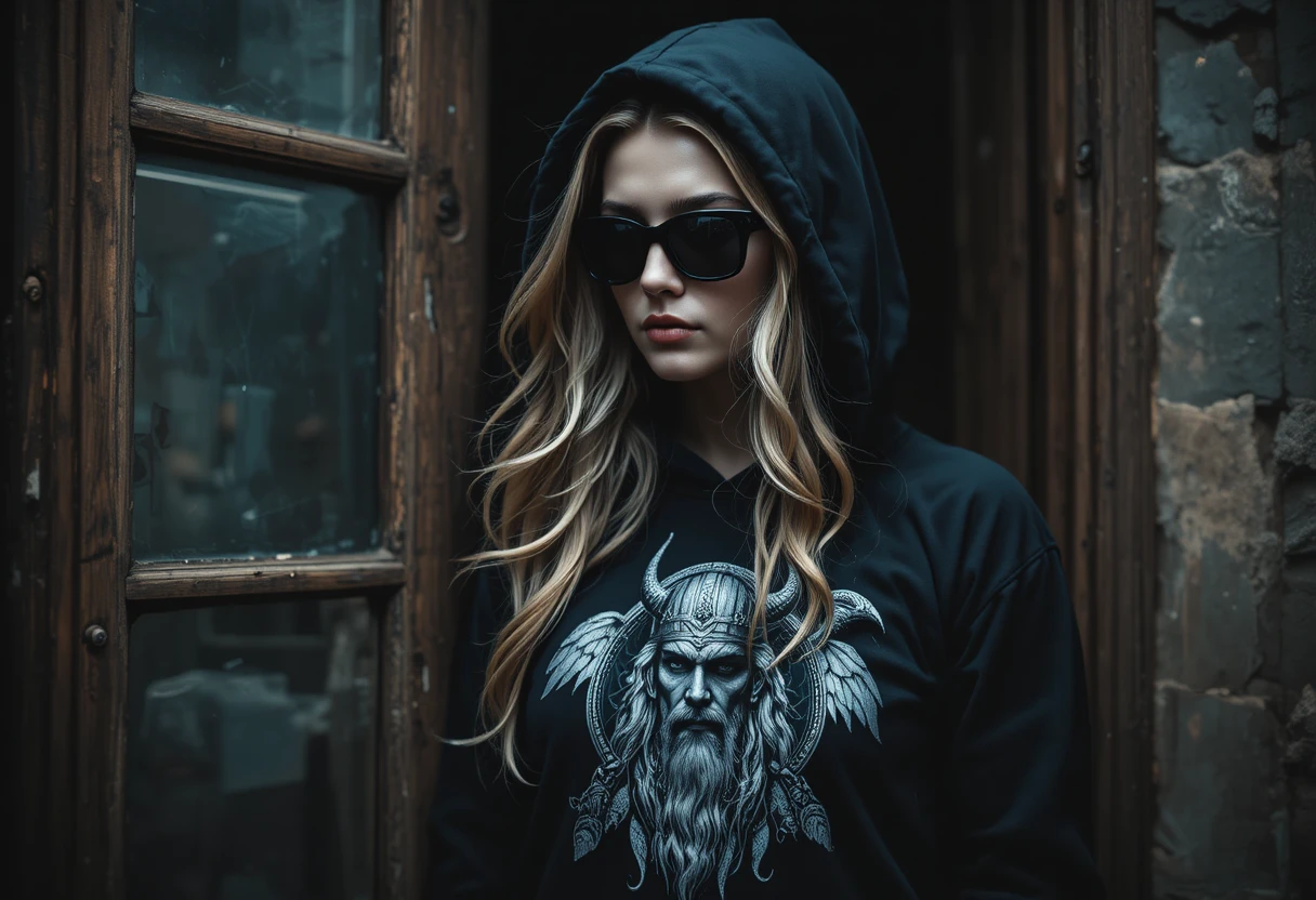 Hooded woman in shadow with odin print hoodie
