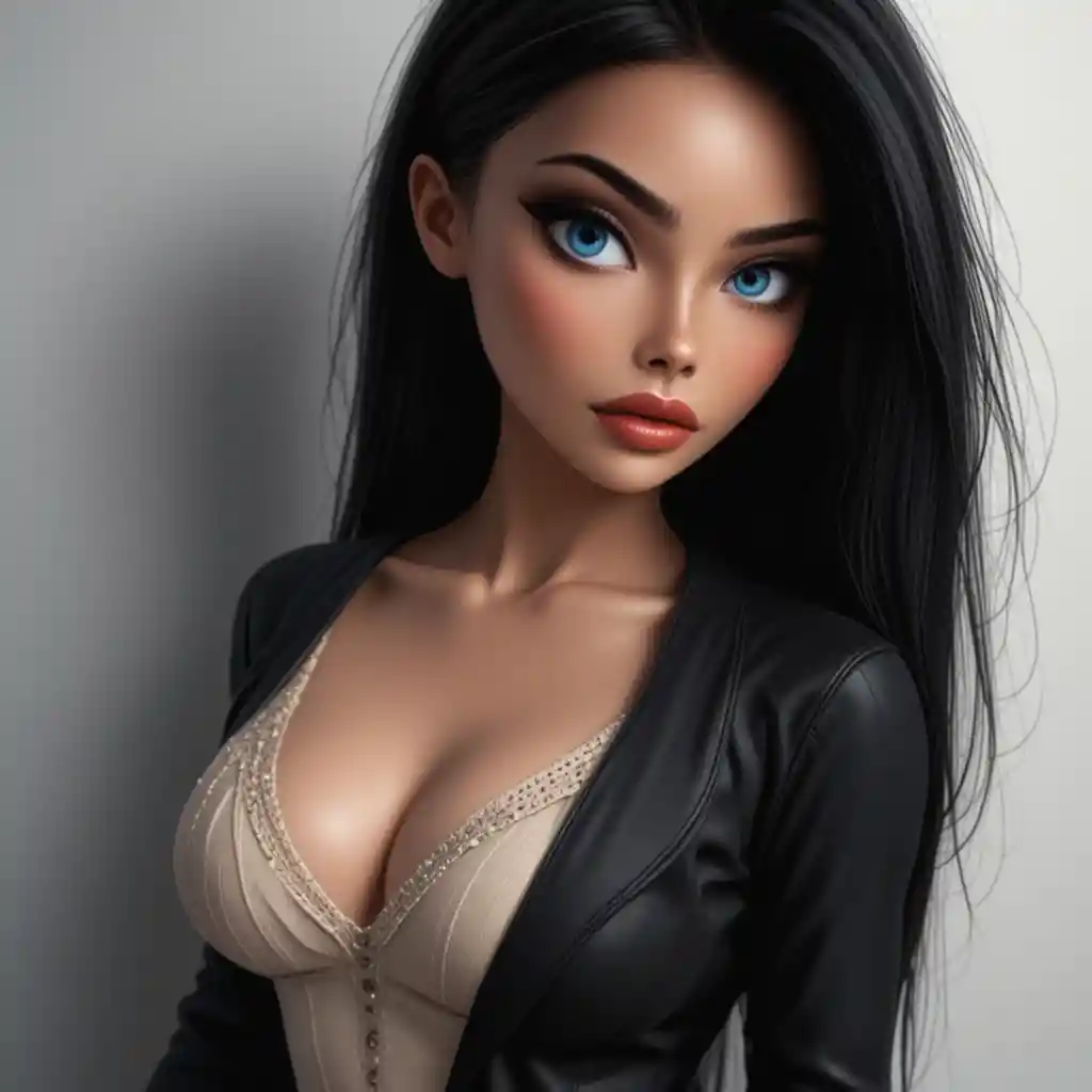 깔끔한 흰 벽 앞 검은 재킷을 입은 매혹적인 여성