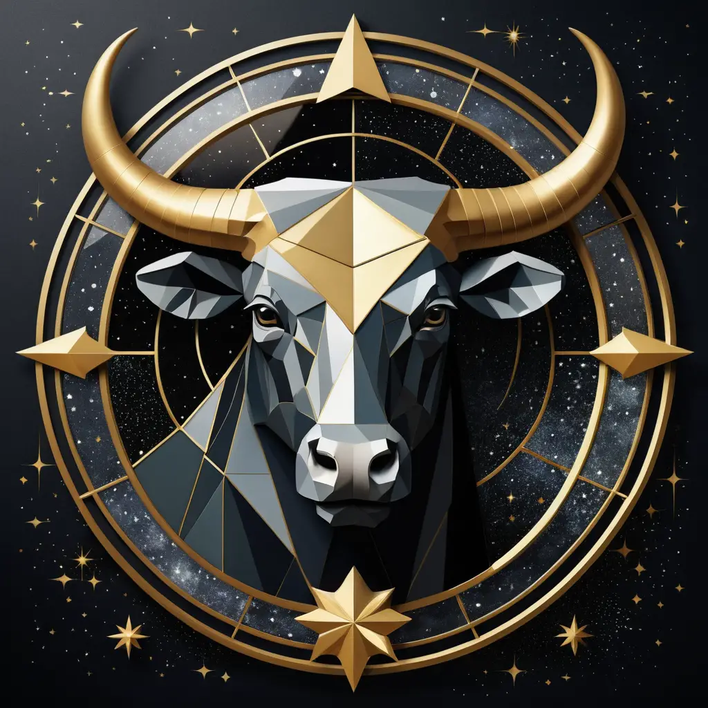 Golden taurus zodiac emblem on abstract starry background