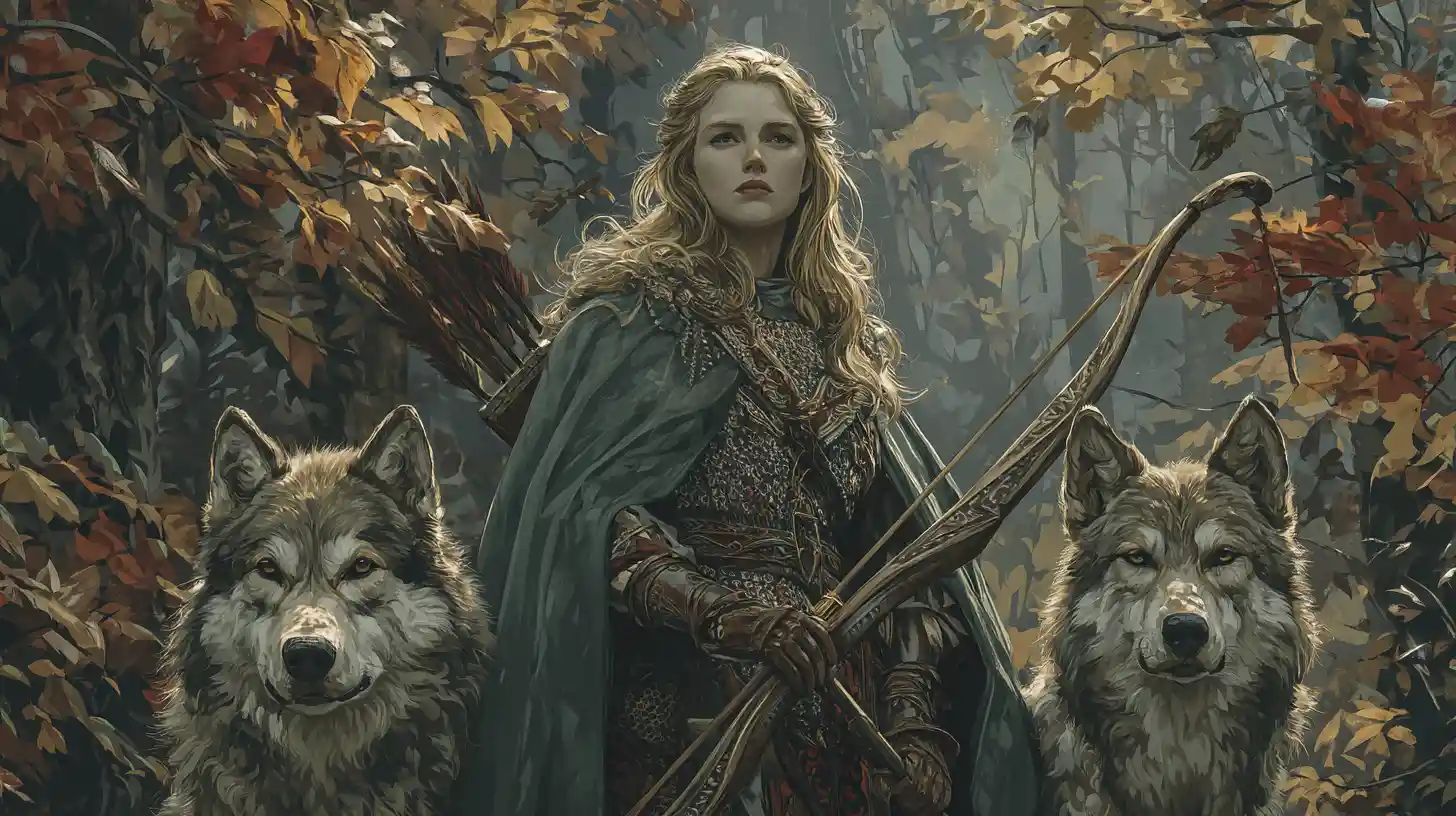 Huntress in chainmail with hounds in misty autumn meadow