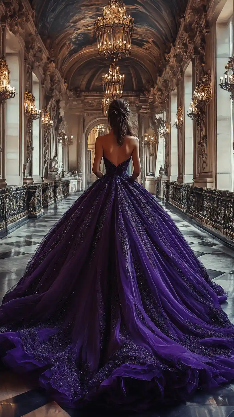 Woman in dramatic violet ball gown in grand hall