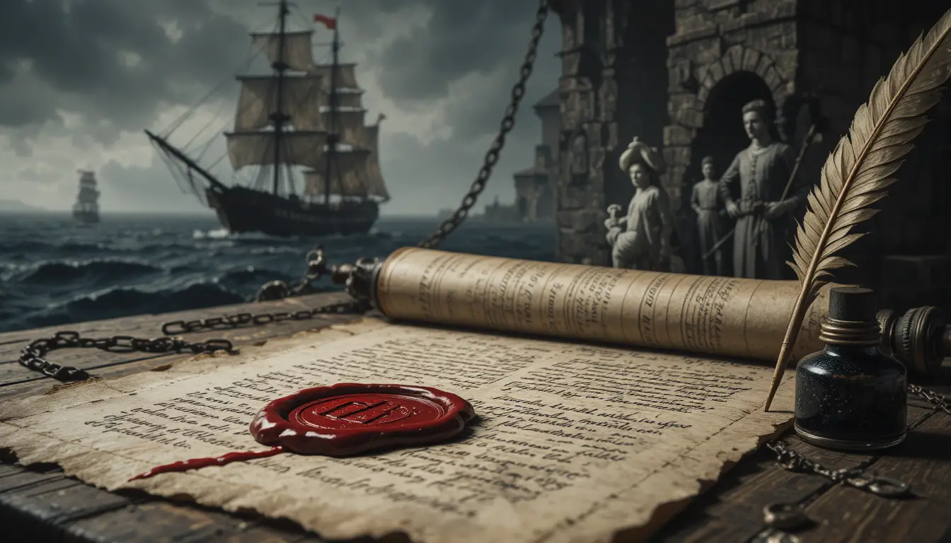Close up royal charter with wax seal on wooden table