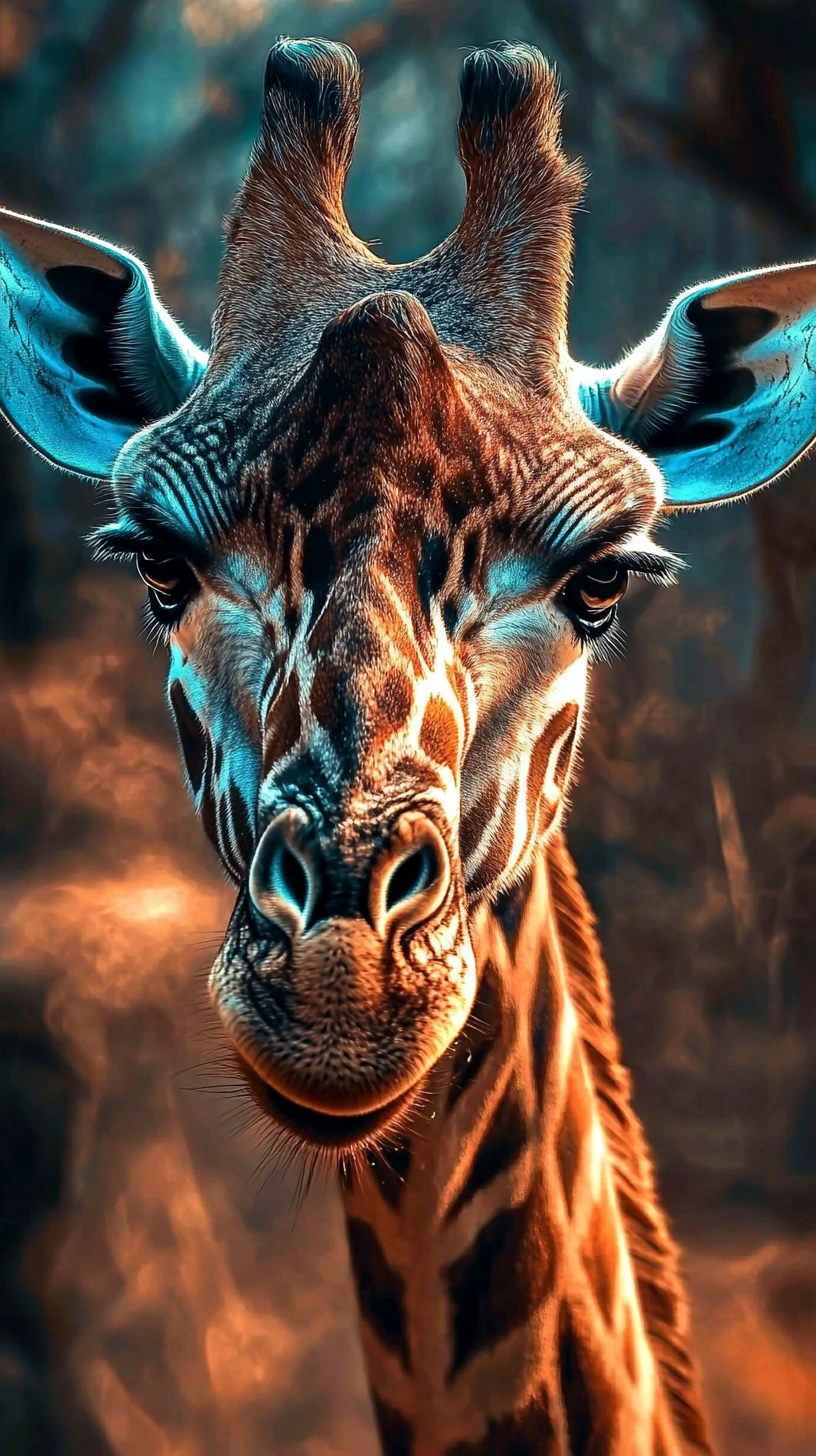 Warm sunlight giraffe portrait with abstract patterned background