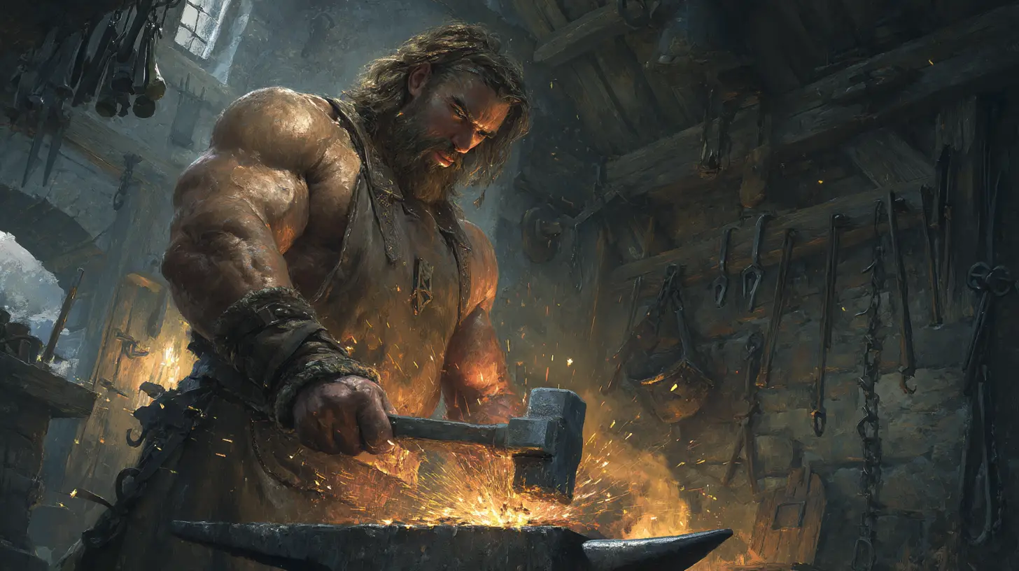 Medieval blacksmith hammering a glowing sword in stone forge