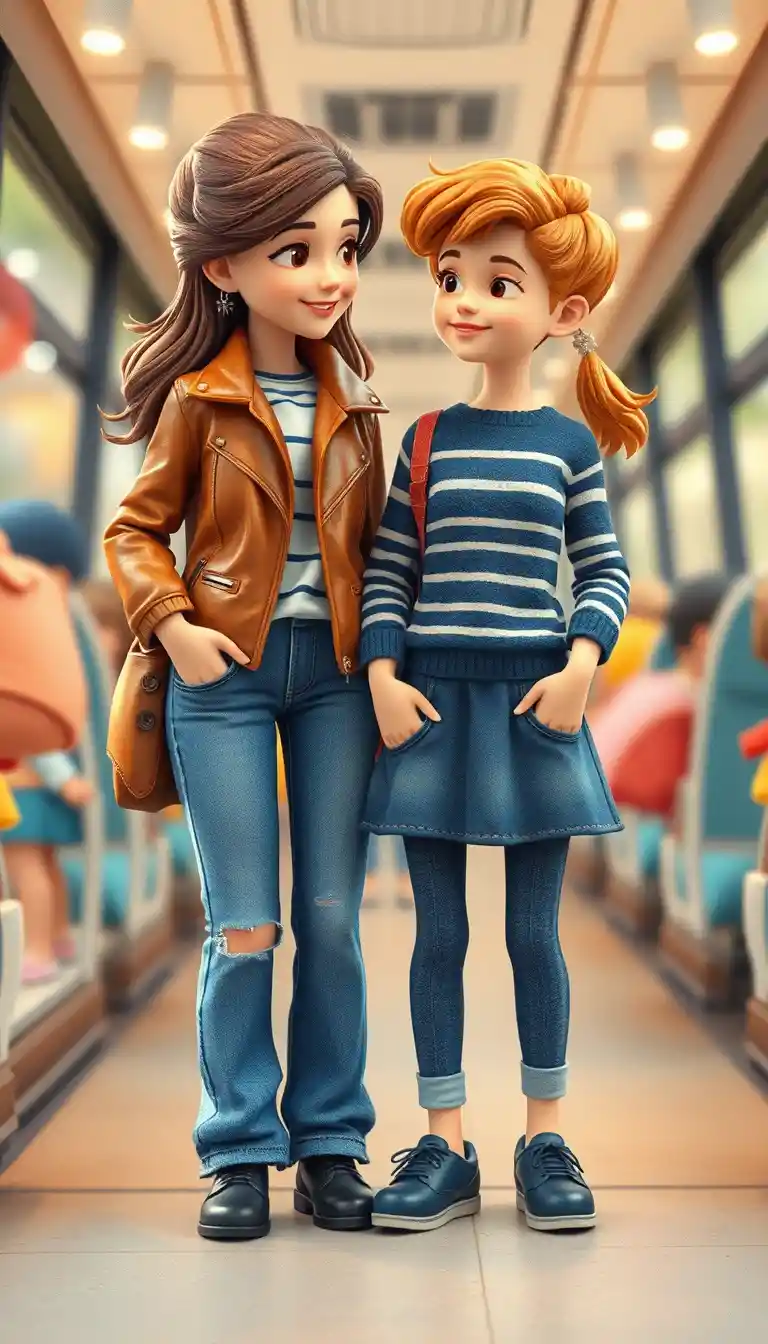 Tall girl and small boy friends on a city street