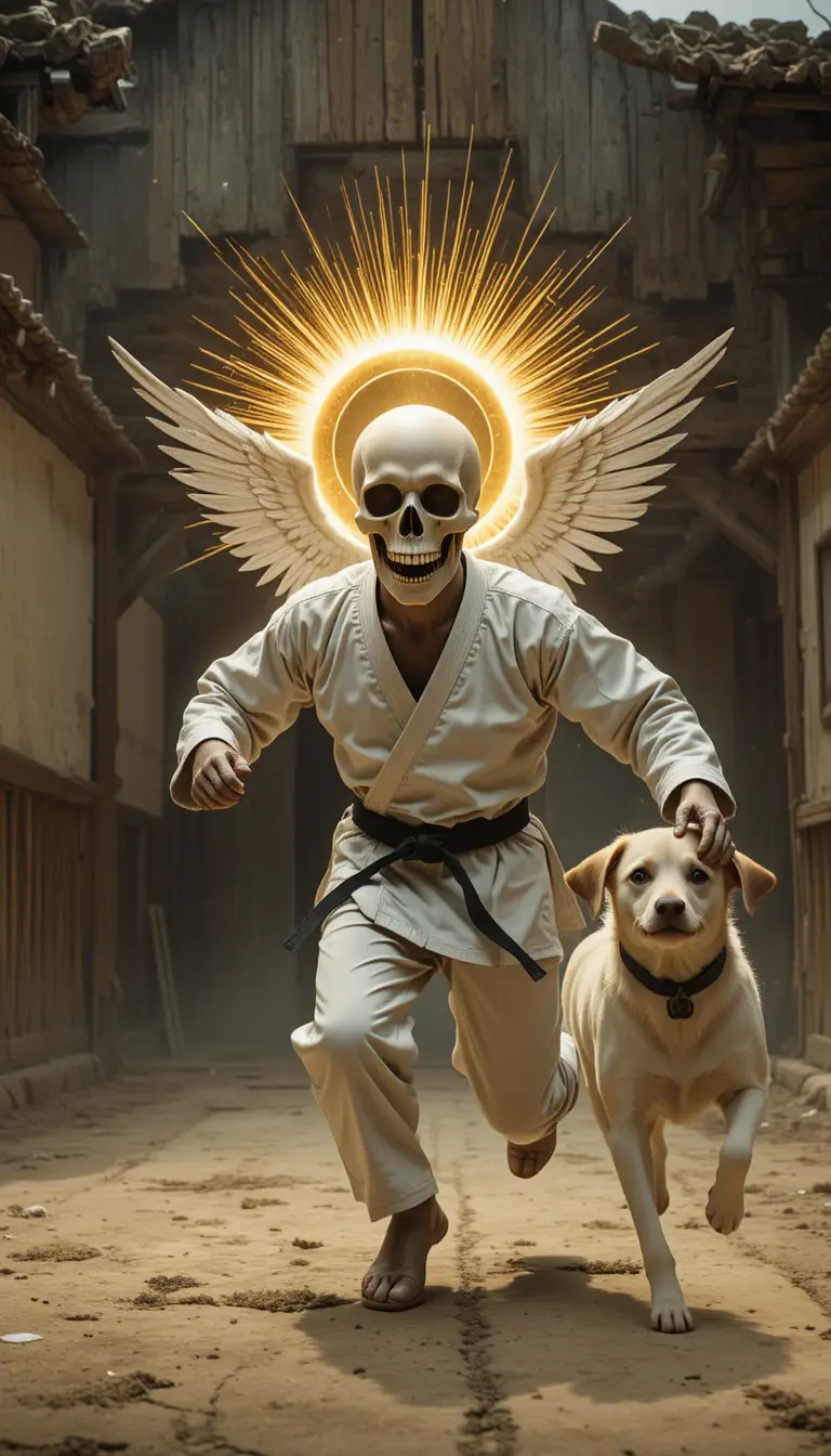 Squelette de karaté avec halo poursuivi par un petit chien dans un dojo