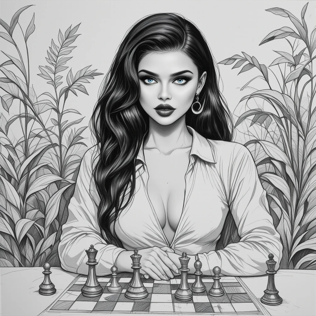 Woman in white shirt playing chess at a table