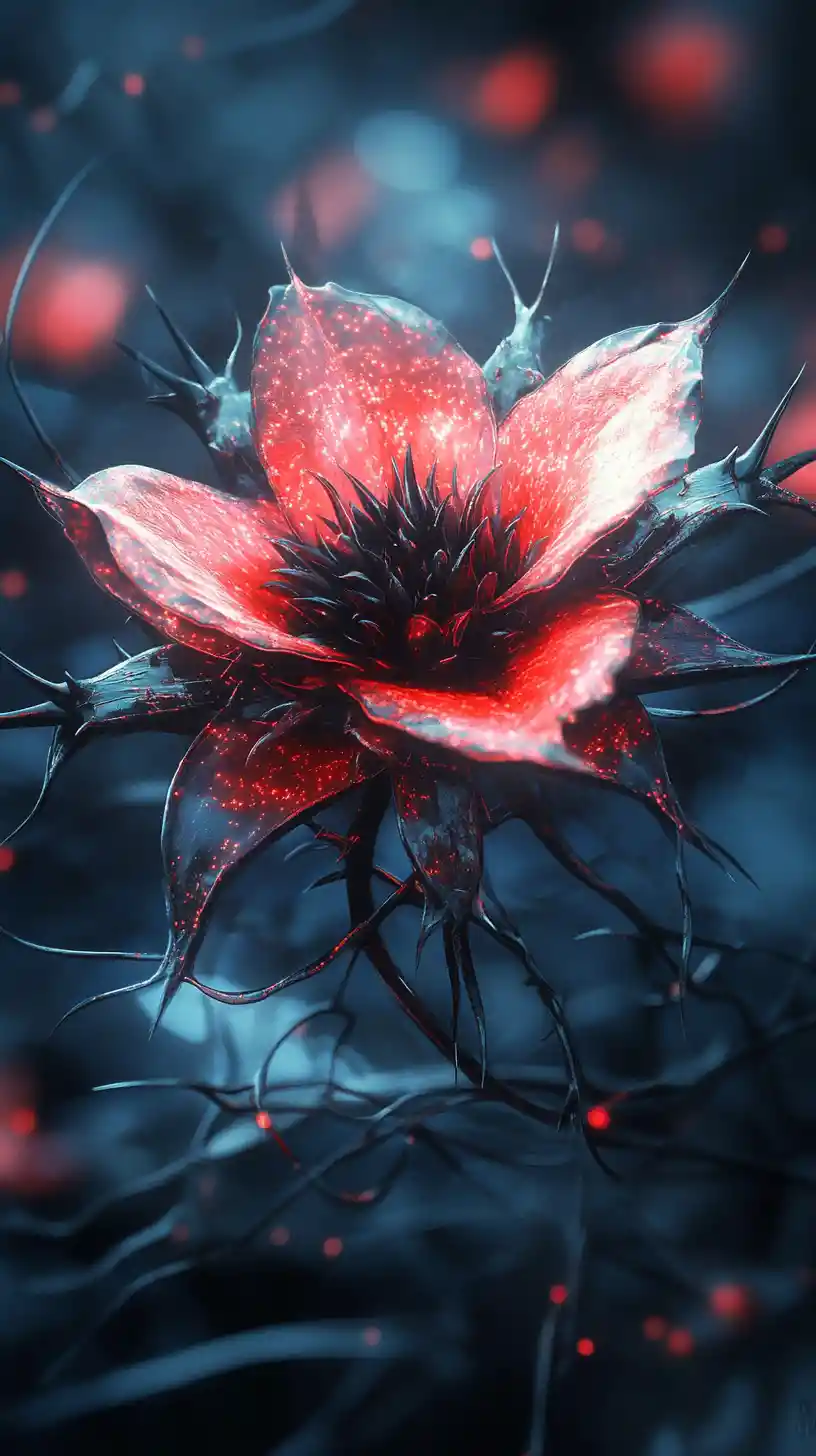 Glowing Thorned Flower Against Dark Mystical Background