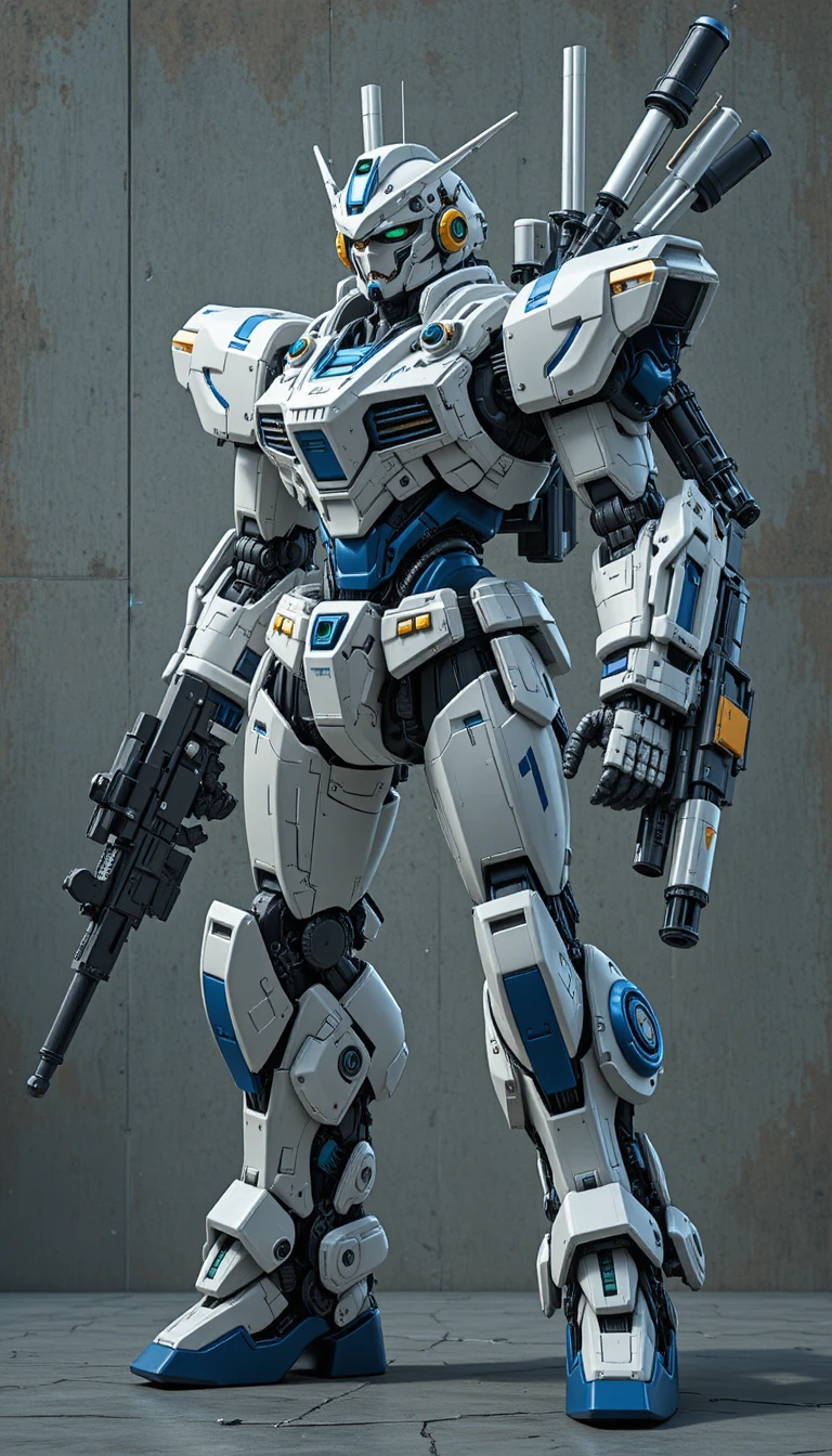Futuristic white and blue mecha covered in weapons and gadgets