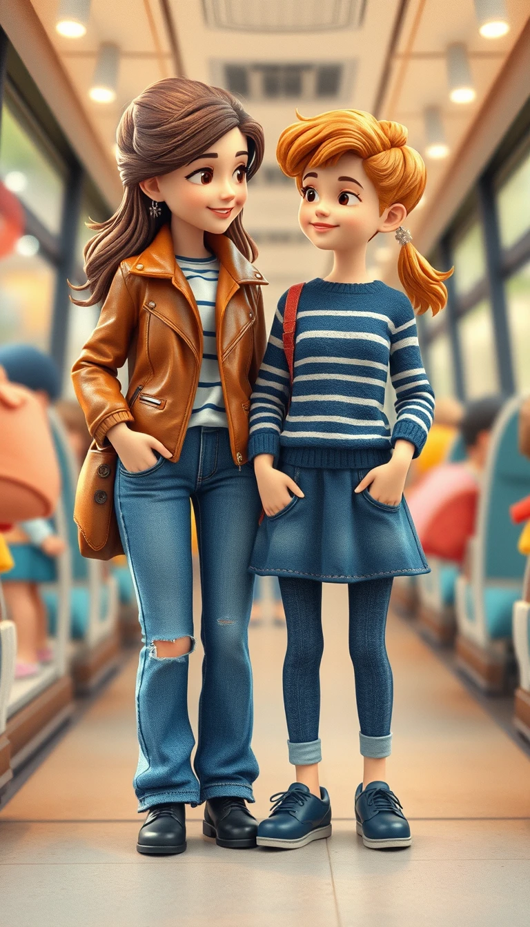 Tall girl and small boy friends on a city street