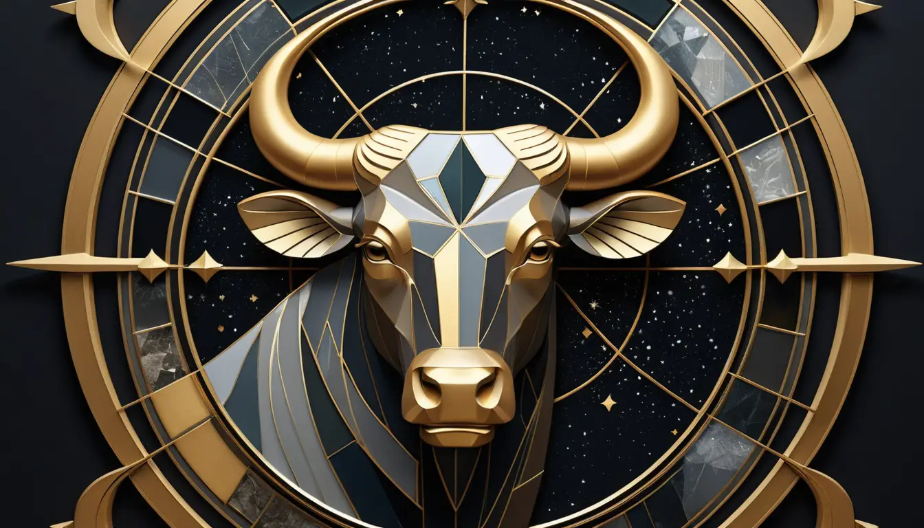 Emblema dorato del segno Toro su cielo notturno geometrico astratto