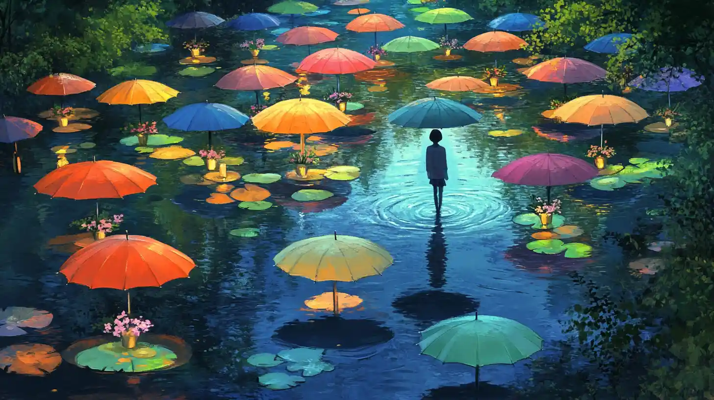 Person Crossing Colorful Umbrellas Floating On A Quiet River