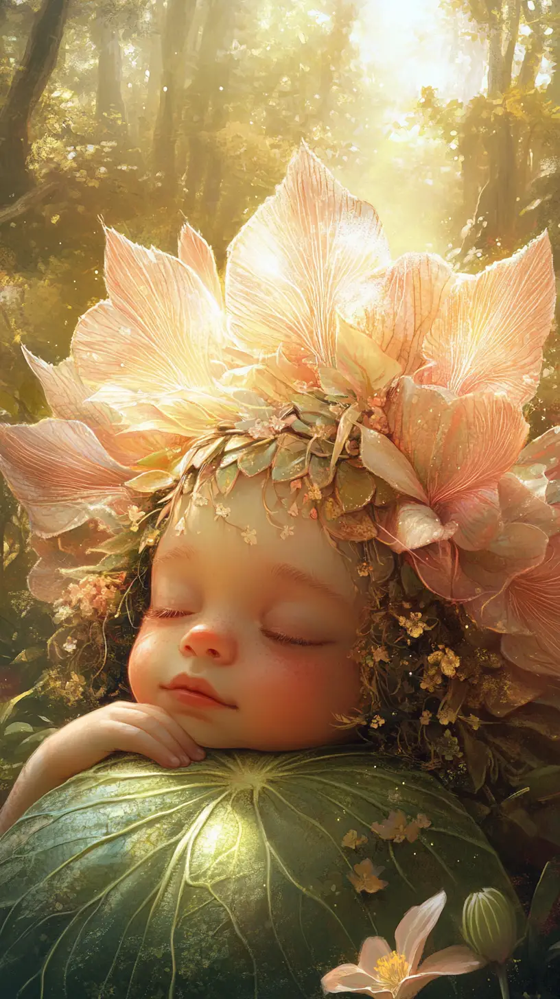 Young troll resting against a flower in forest light