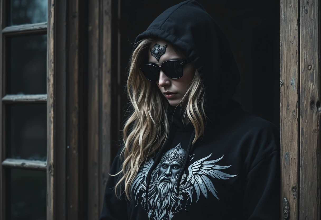 Hooded woman in shadows with odin raven hoodie design