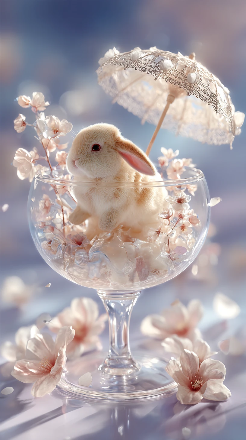 Conejito bebé en copa de postre de vidrio con flores flotando