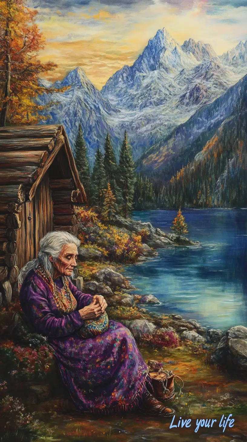 Elderly woman knitting outside a rustic mountain cabin