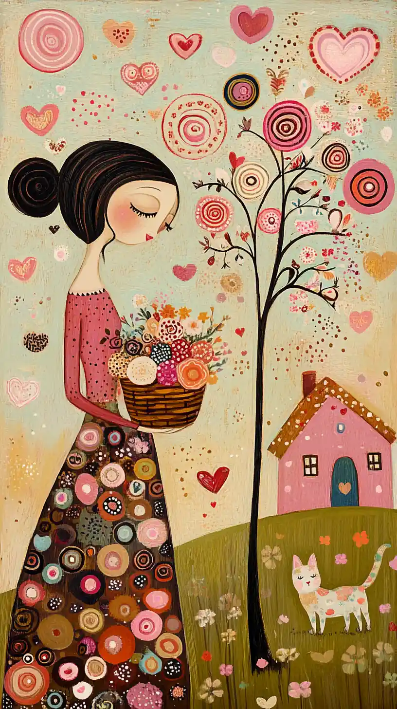 Donna con cestino di fiori e gatto in una scena di arte folkloristica