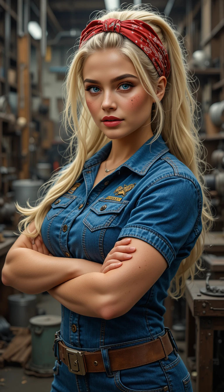 Curvy blonde welder in a steampunk denim jumpsuit at work