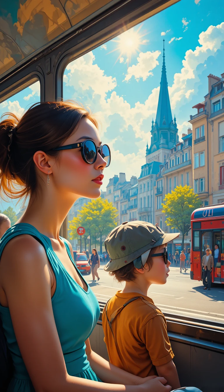 Mother and son waiting at a sunny city bus stop