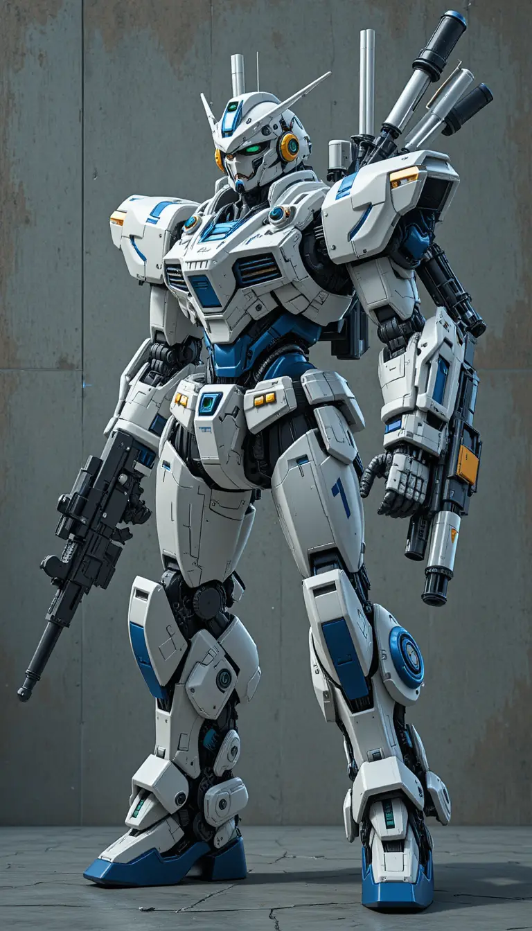 Mecha futuristico bianco e blu carico di armi e gadget
