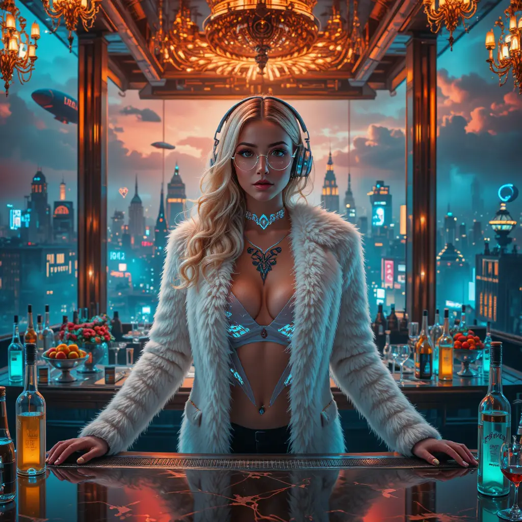Futuristic woman at rooftop sky bar with neon city backdrop