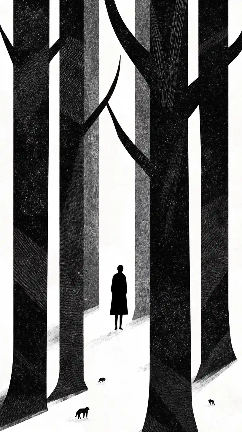 Solitary silhouette figure in a minimalist forest scene