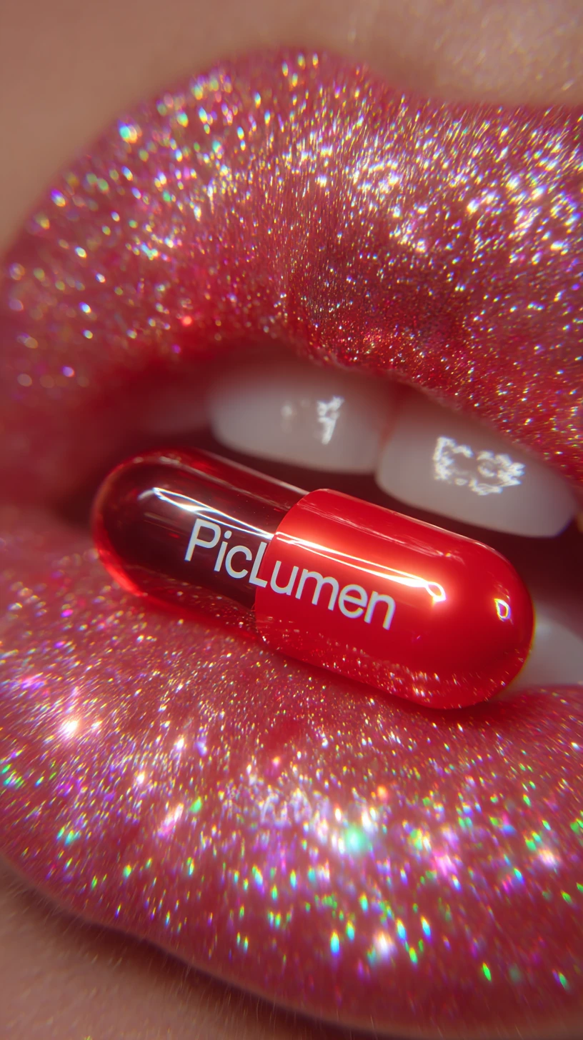 Makro-Nahaufnahme glänzender Lippen mit roter Kapsel