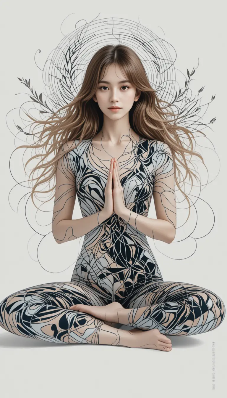 Serene blonde woman in yoga pose with abstract op art lines