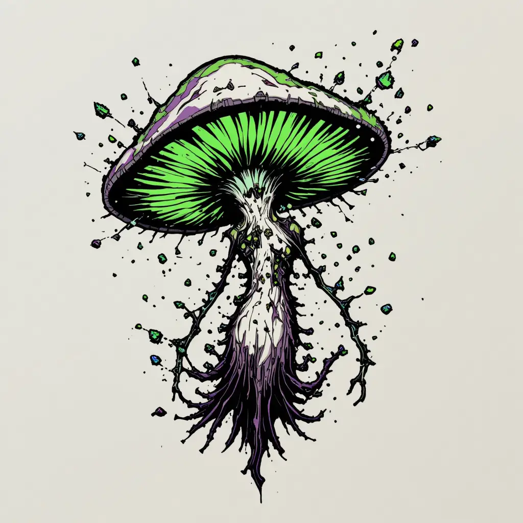 Urban tattoo creature dissolving into glowing mushroom spores