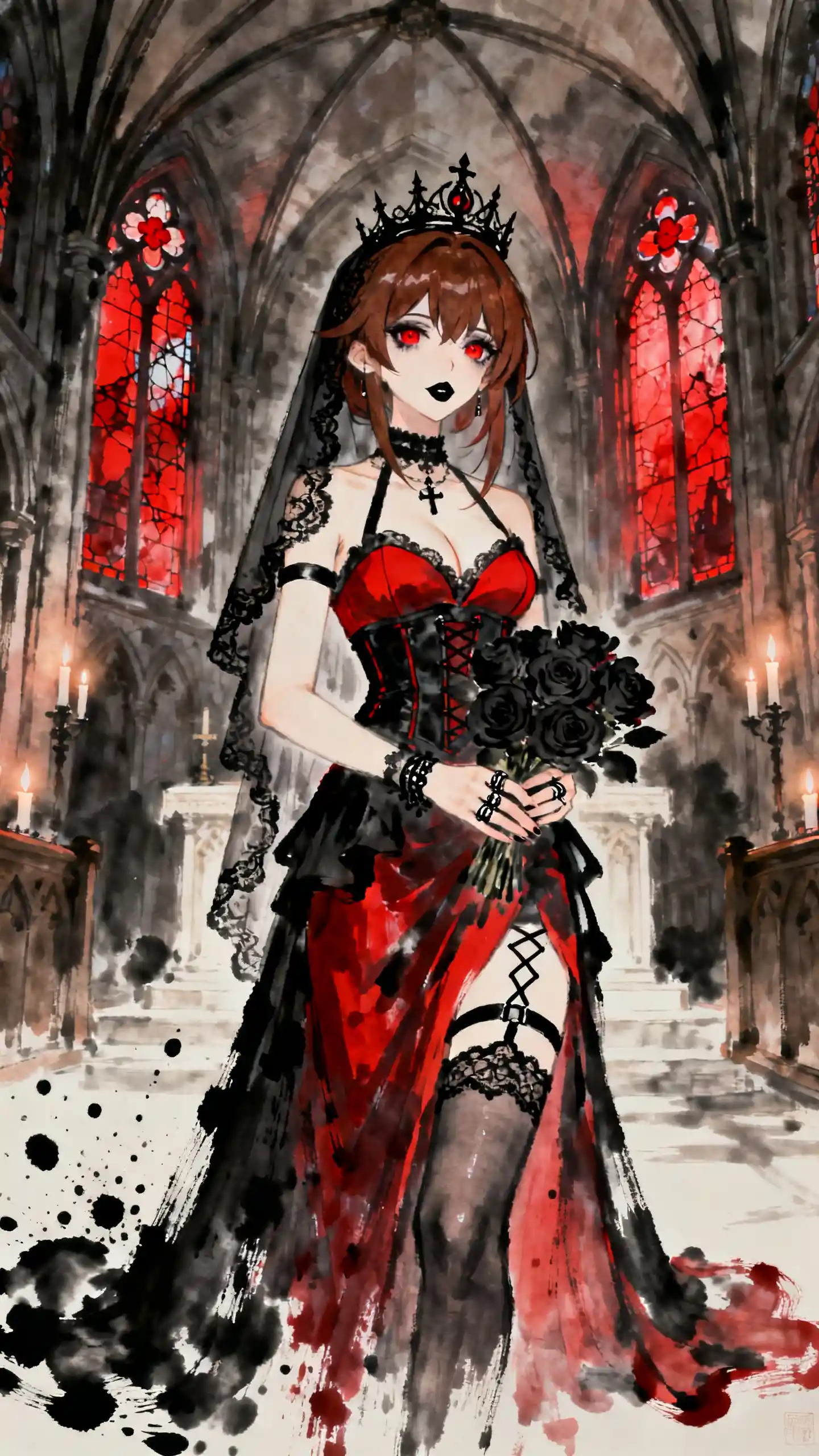 Novia gótica en pintura a tinta dentro de una catedral en sombras