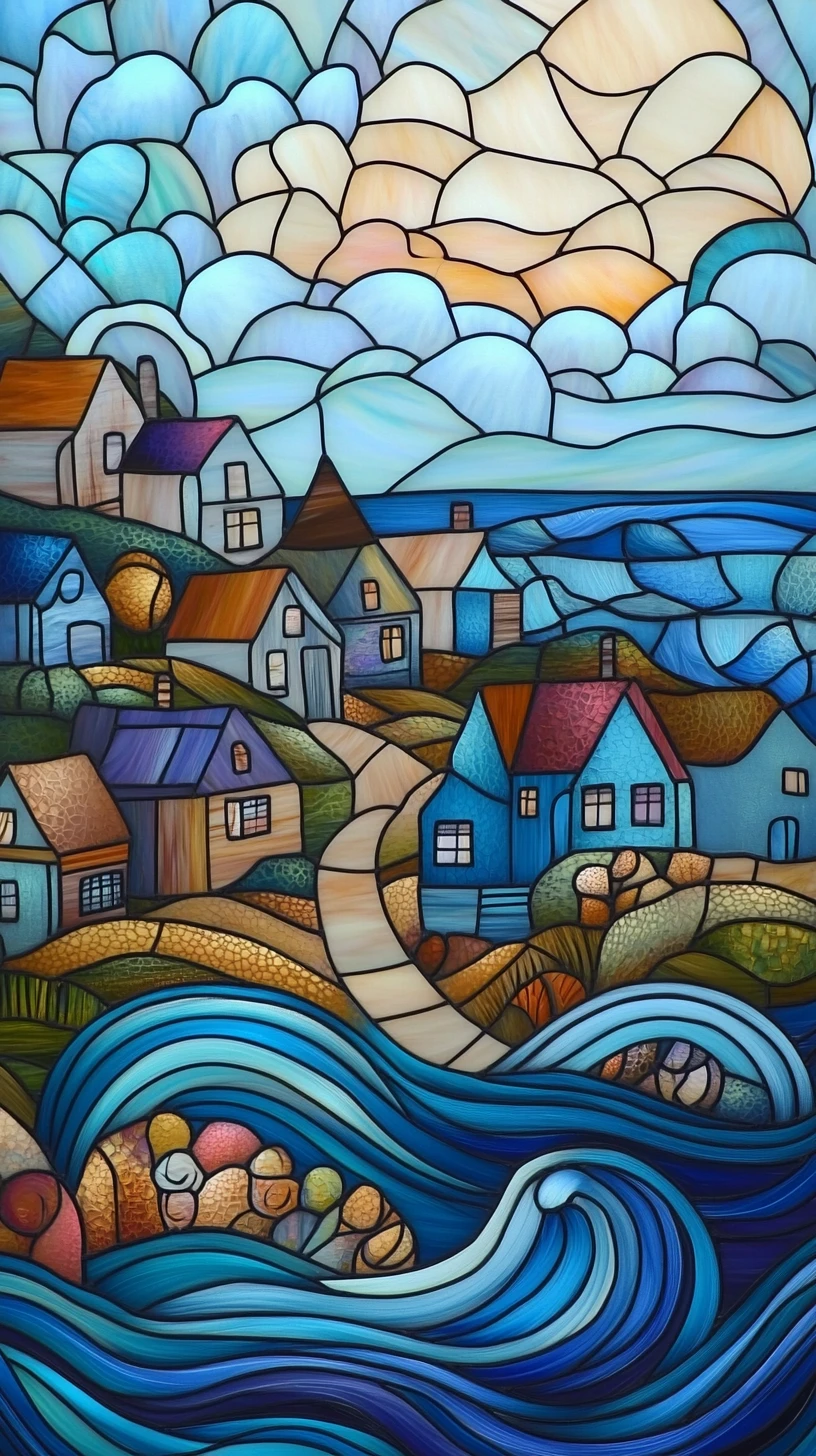 Whimsical stained glass seaside village in cool blue tones