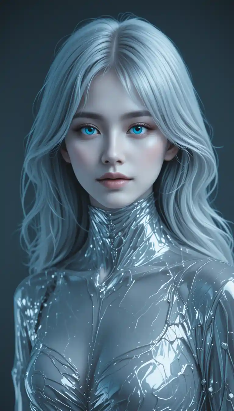 Surreal portrait of a chrome haired cyborg woman in silver fashion