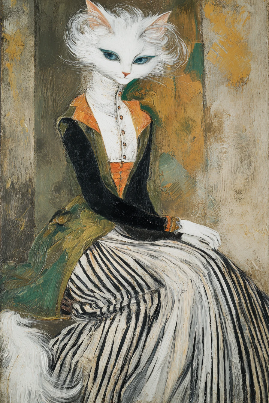 Expressionist portrait of an elegant dressed white angora cat