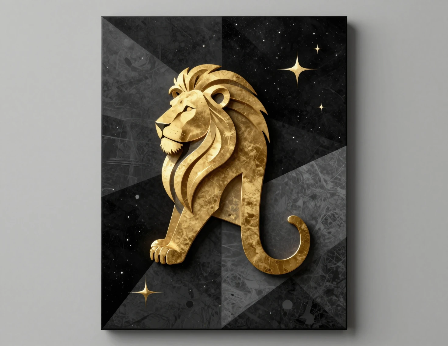 Golden leo zodiac emblem on abstract geometric night sky