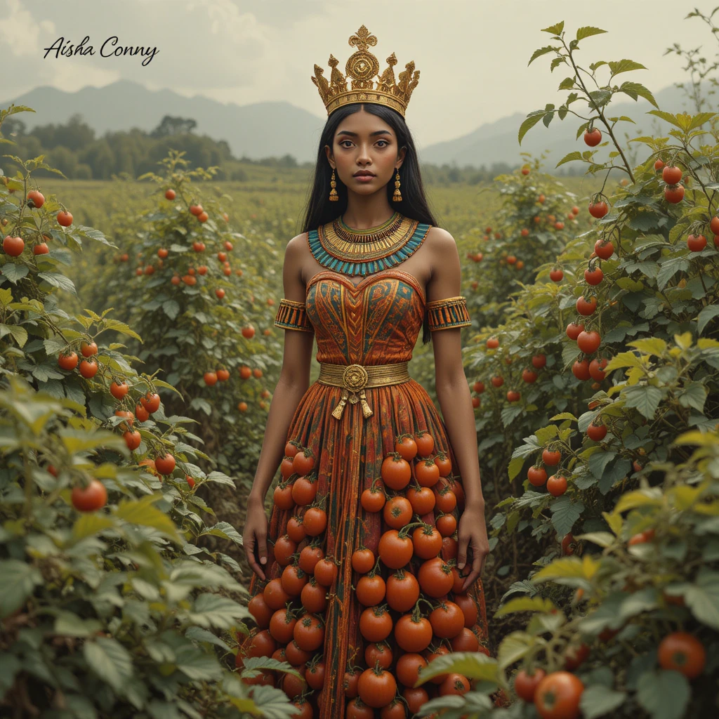 Ancient Egyptian queen in a farmer dress among tomato fields
