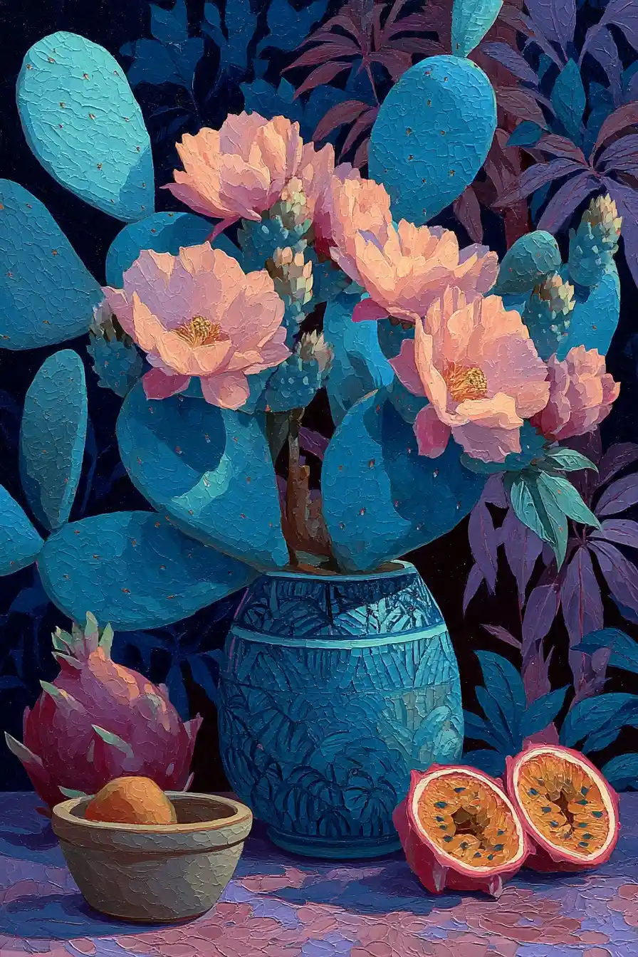 Surreal painting of cacti and tropical fruits still life