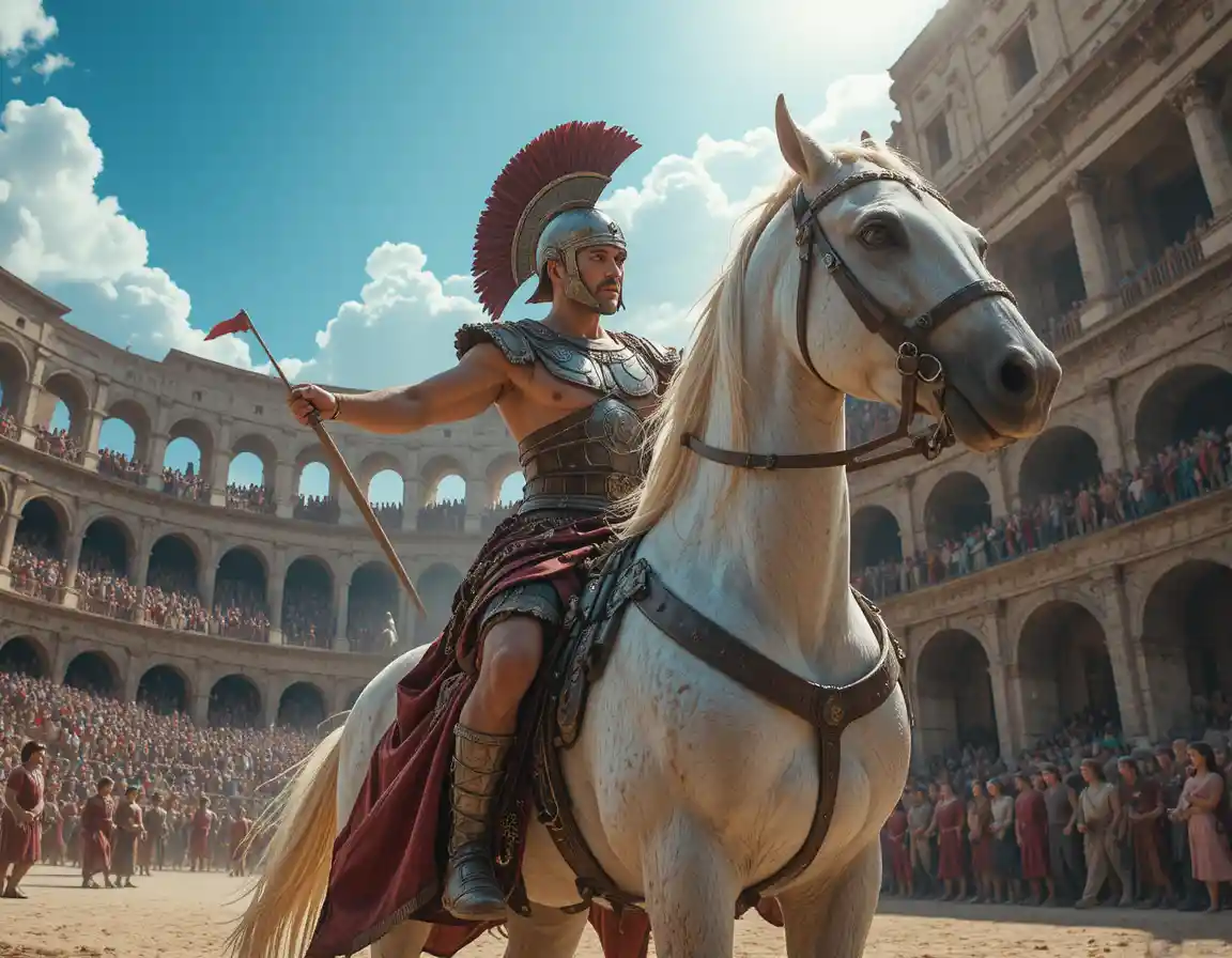Roman gladiator with warhorse in cinematic close up