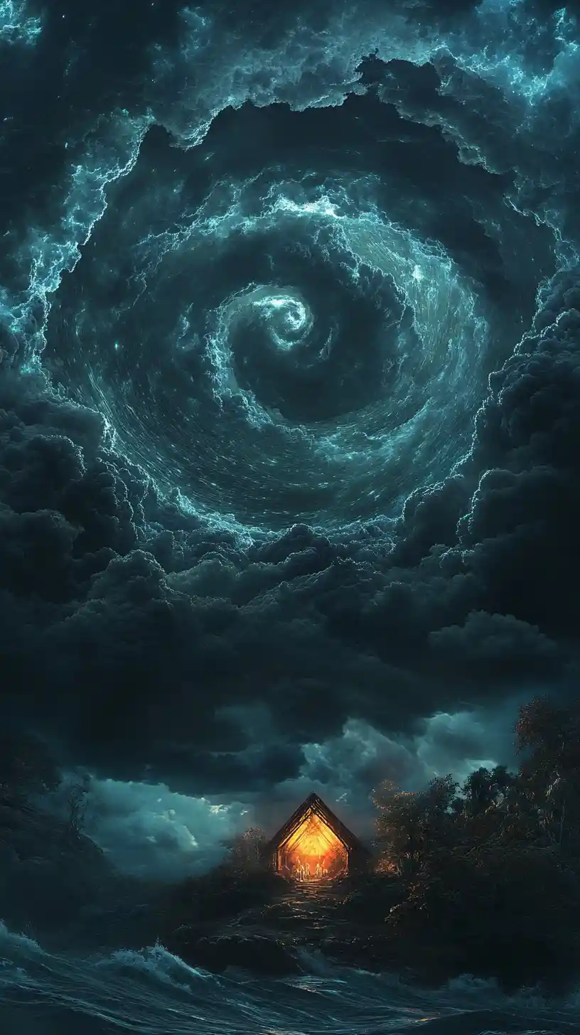Mystical storm over a glowing shelter in dark fantasy landscape