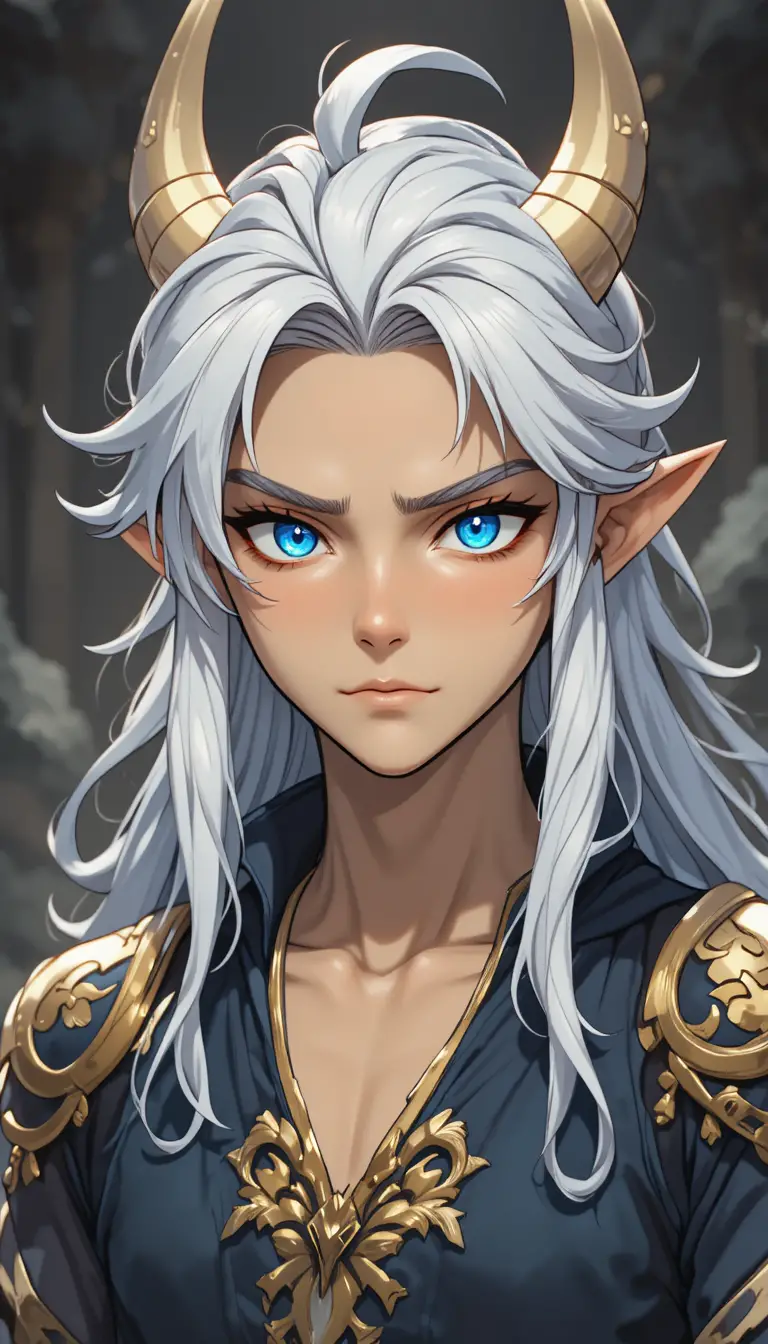 Blue eyed eliatrope man with white hair and horns